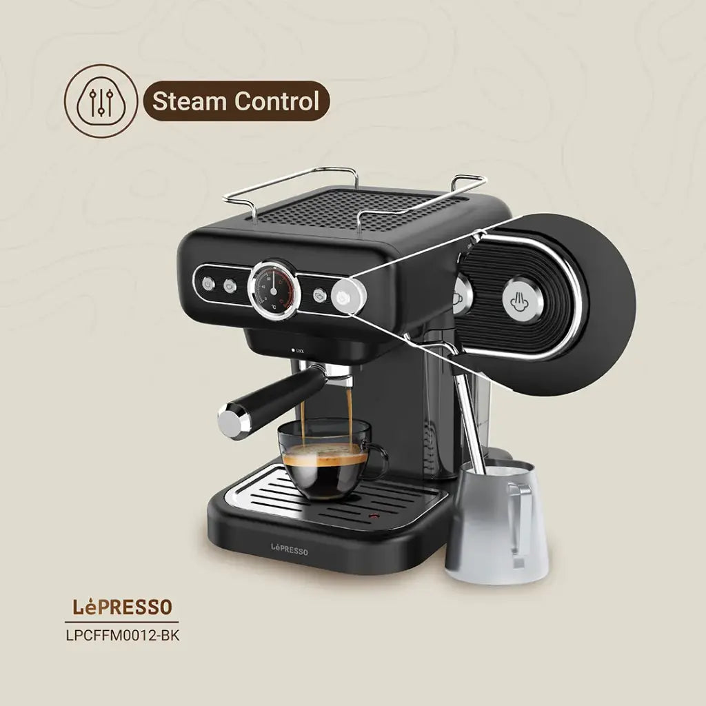 LePresso Retro Espresso Machine Boiler Gauge And Milk Steamer - Black Color