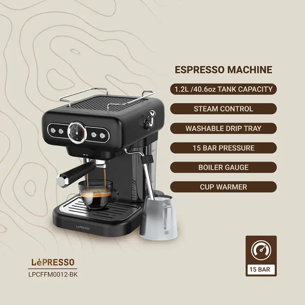 LePresso Retro Espresso Machine Boiler Gauge And Milk Steamer - Black Color