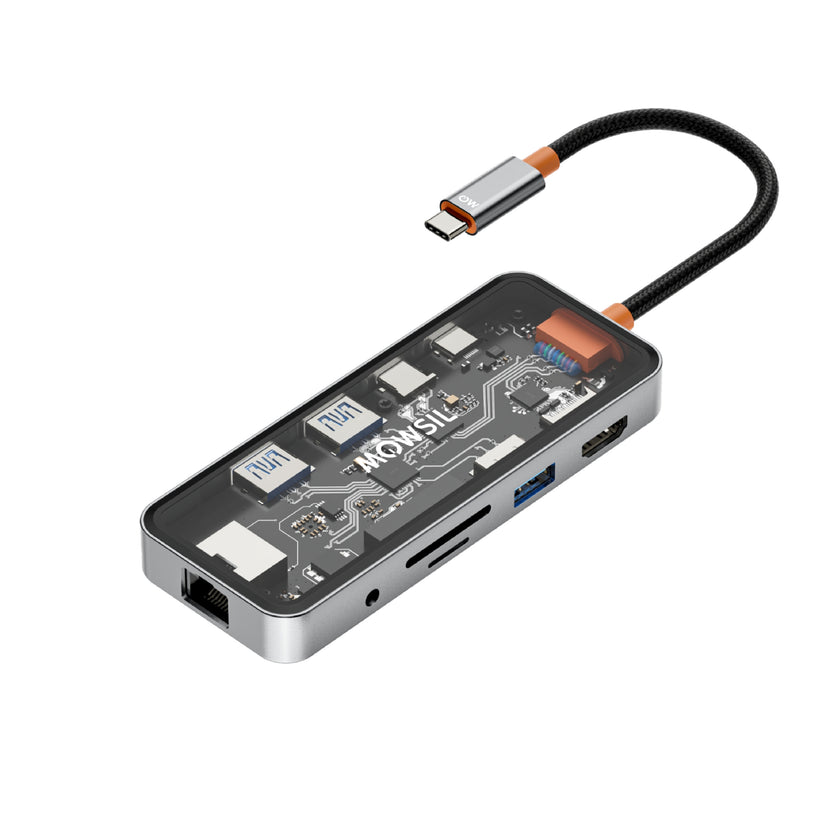 Mowsil 10-in-1 USB-C Hub Docking Station - 100W PD / HDMI 4K / RJ45 / USB / SD/TF / Audio / Transparent