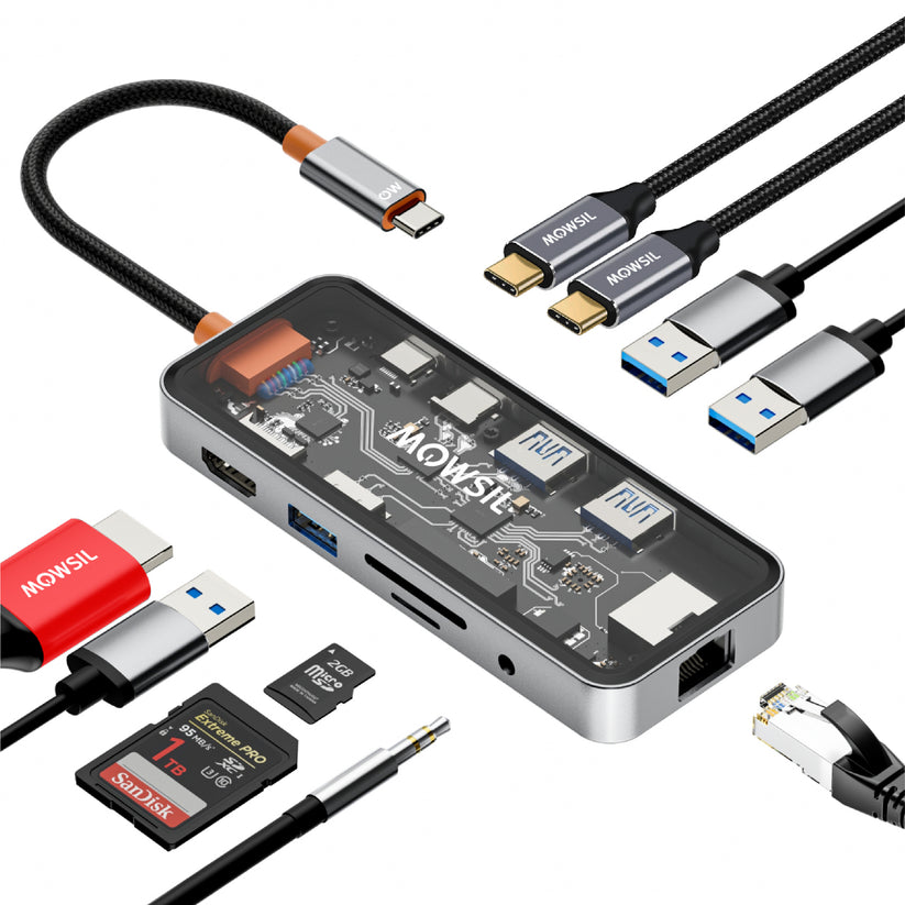 Mowsil 10-in-1 USB-C Hub Docking Station - 100W PD / HDMI 4K / RJ45 / USB / SD/TF / Audio / Transparent