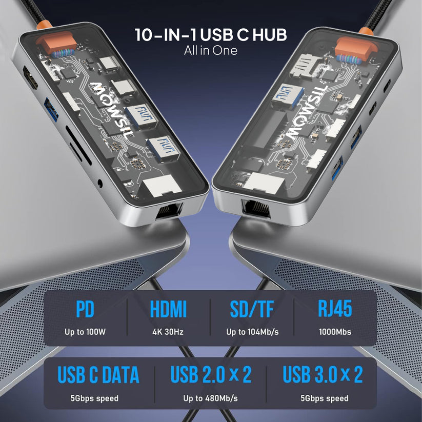 Mowsil 10-in-1 USB-C Hub Docking Station - 100W PD / HDMI 4K / RJ45 / USB / SD/TF / Audio / Transparent