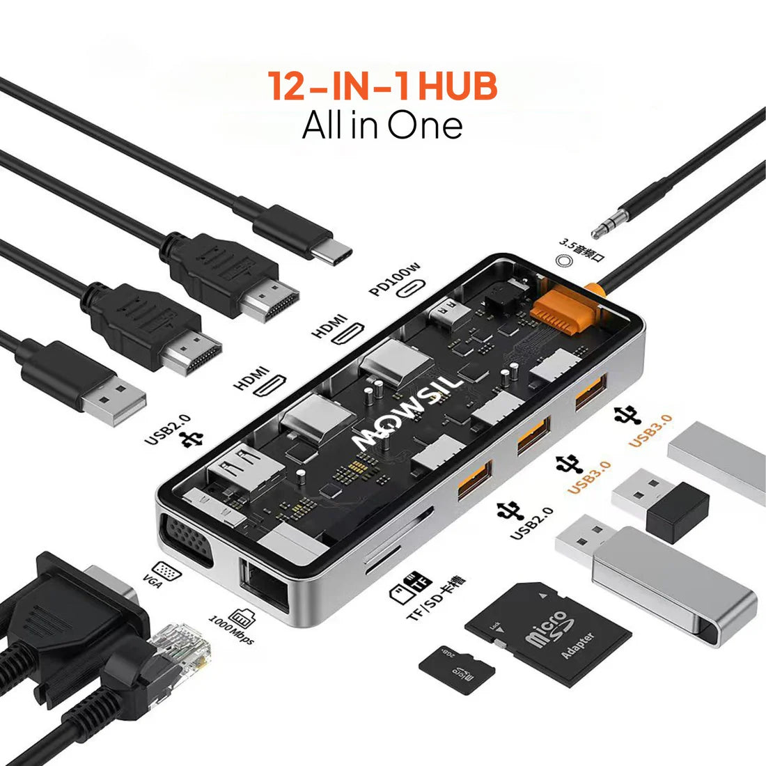 موزع  موسل 12 في 1 يو اس بي موزع  إتش دي إم أي  في جي إيه  RJ45 / يو اس بي  تايب-سي  SD / TF / الصوت  فضي