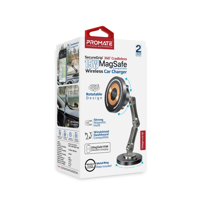 Promate Magnus-Qi SecureGrip 360° Cradleless 15W Magsafe Compatible Wireless Car Charger - Black