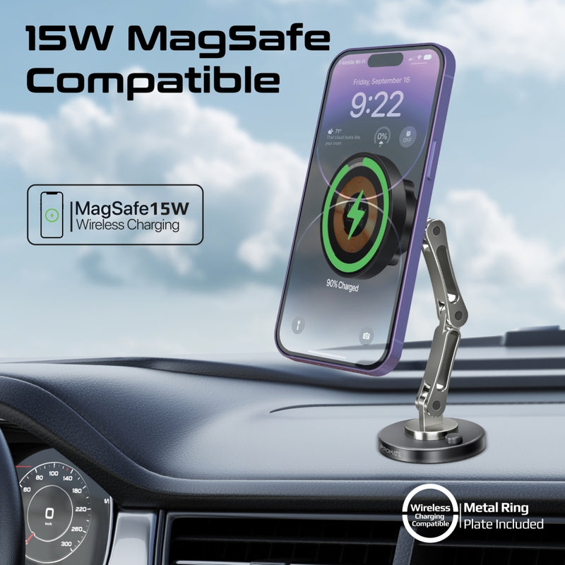 Promate Magnus-Qi SecureGrip 360° Cradleless 15W Magsafe Compatible Wireless Car Charger - Black