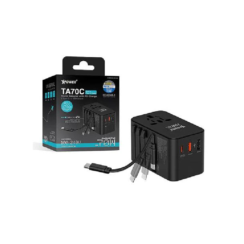 XPower TA70C Built-in Cable PD+PPS GaN Travel Adapter - 70W / Black