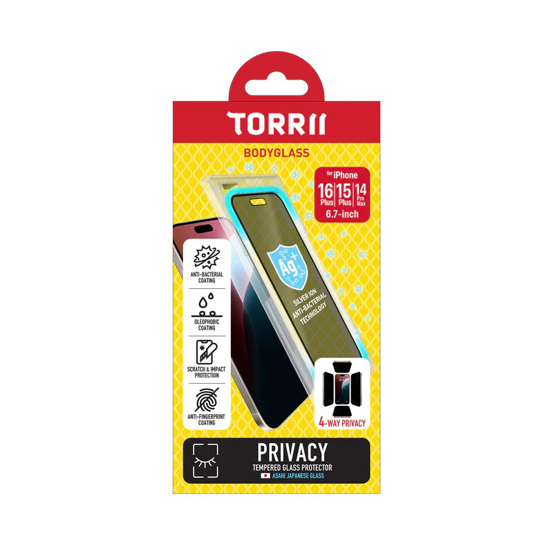 Torrii Bodyglass Screen Protector Tempered Glass - Apple iPhone 16 Plus / 15 Plus / 14 Pro Max / 4-Way Privacy