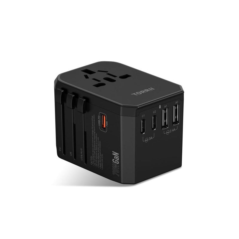 Torrii Bolt Universal V4 Travel Adapter – 70W / USB-C / USB-A / AC Wall - Black