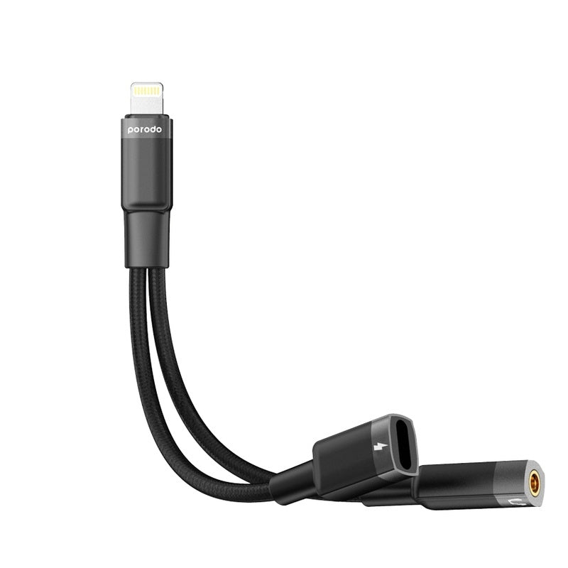 Porodo Lightning Connector Audio And Charge Adapter  - 0.12M / Lightning / 3.5 Jack / Black