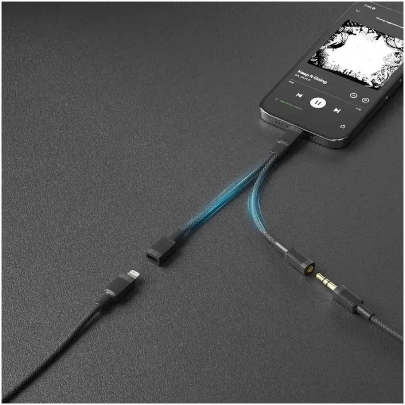 Porodo Lightning Connector Audio And Charge Adapter  - 0.12M / Lightning / 3.5 Jack / Black