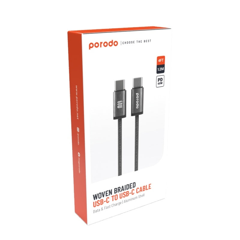 Porodo Woven Braided Cable  - 1.2M / Type-C / 60W / Black