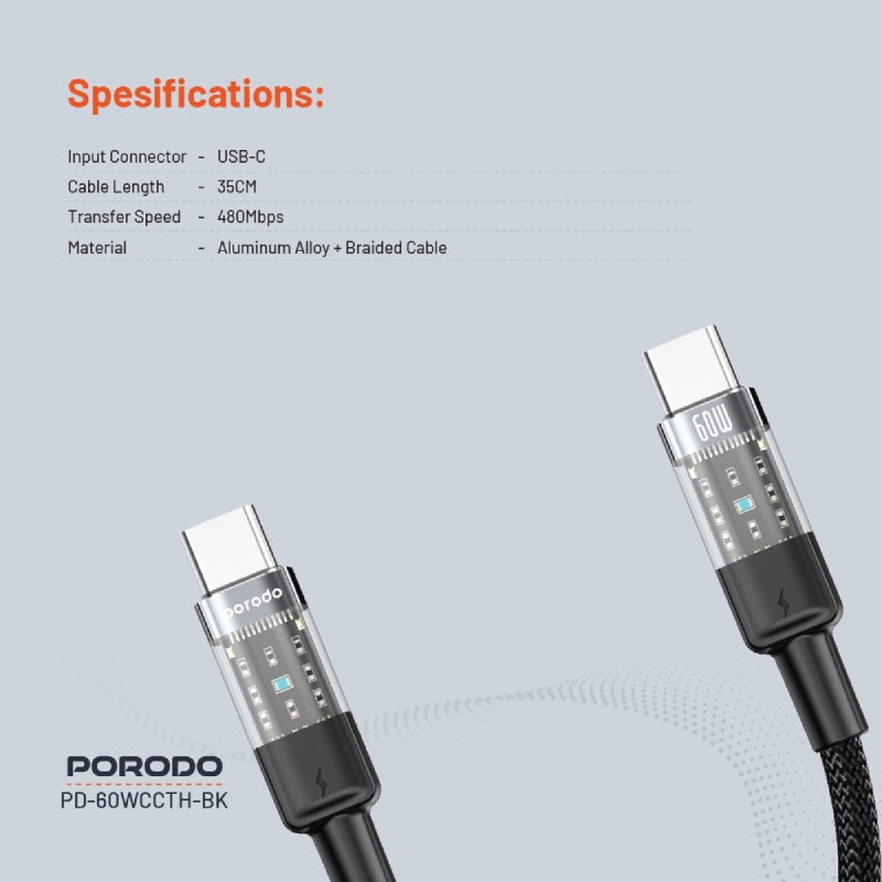 Porodo Transparent Braided Data Cable  - 0.35M / Type-C / 60W / Black