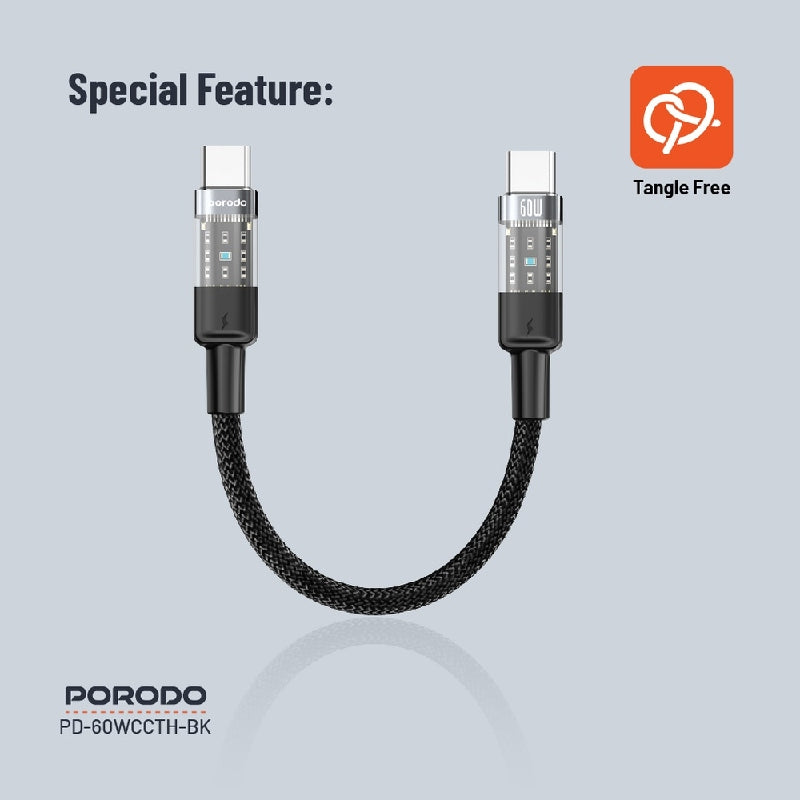 Porodo Transparent Braided Data Cable  - 0.35M / Type-C / 60W / Black