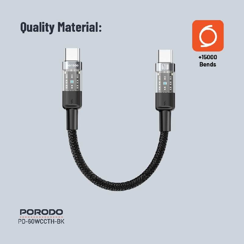 Porodo Transparent Braided Data Cable  - 0.35M / Type-C / 60W / Black