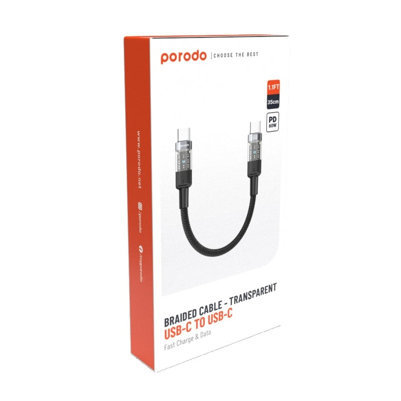 Porodo Transparent Braided Data Cable  - 0.35M / Type-C / 60W / Black