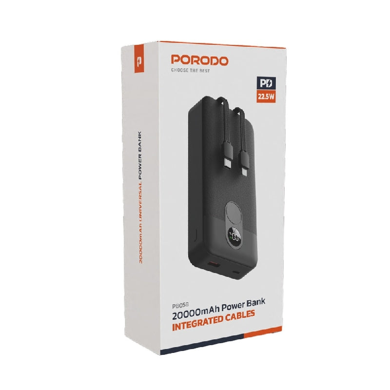 Porodo PowerBank Integrated Cable  - 20000mAh / Black