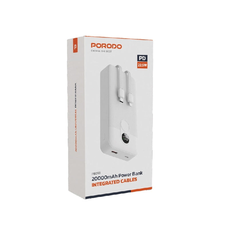 Porodo PowerBank Integrated Cable  - 20000mAh / White