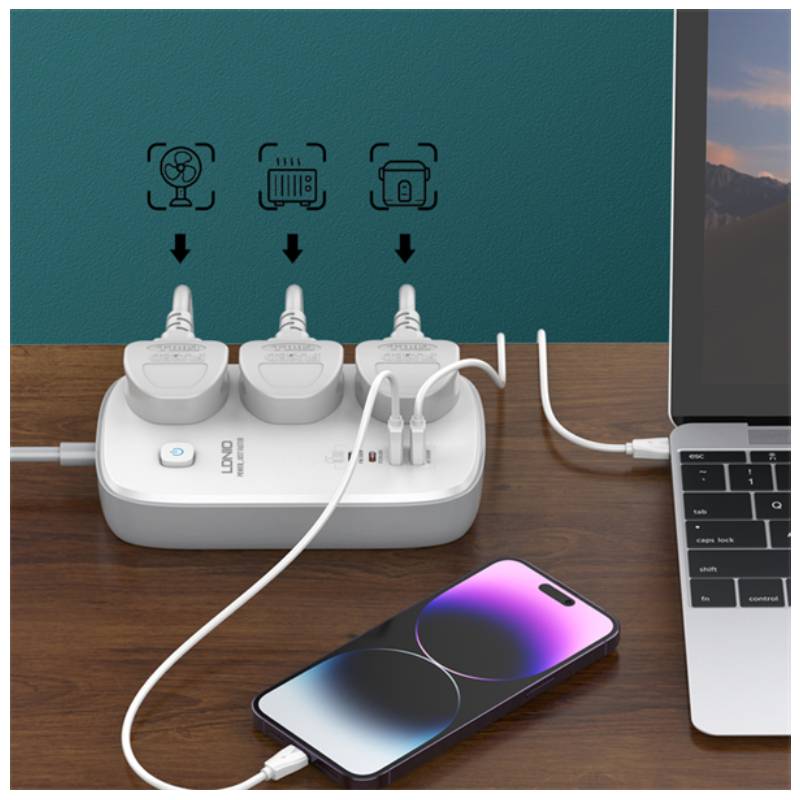 Ldnio 3 Extension Power Socket - 3 Way / USB-A / USB-C / White/Grey