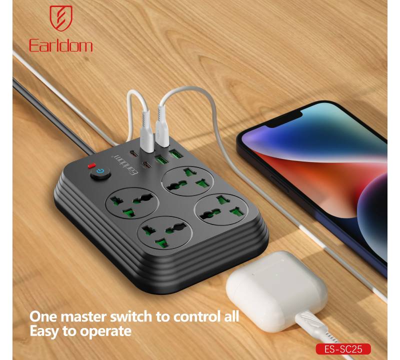 Earldom Power Extension - 4 Way / USB / USB-C / Black