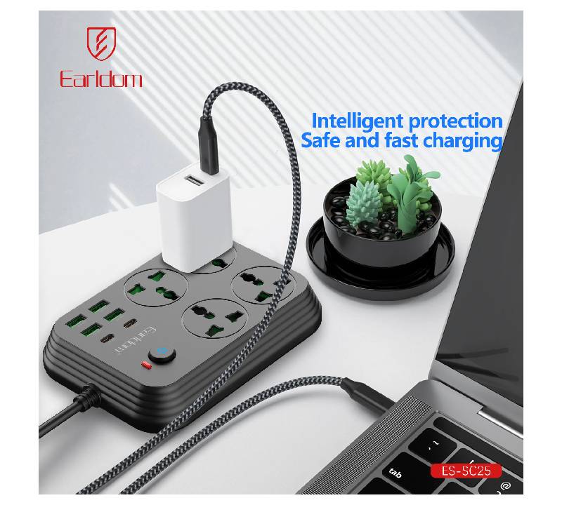 Earldom Power Extension - 4 Way / USB / USB-C / Black