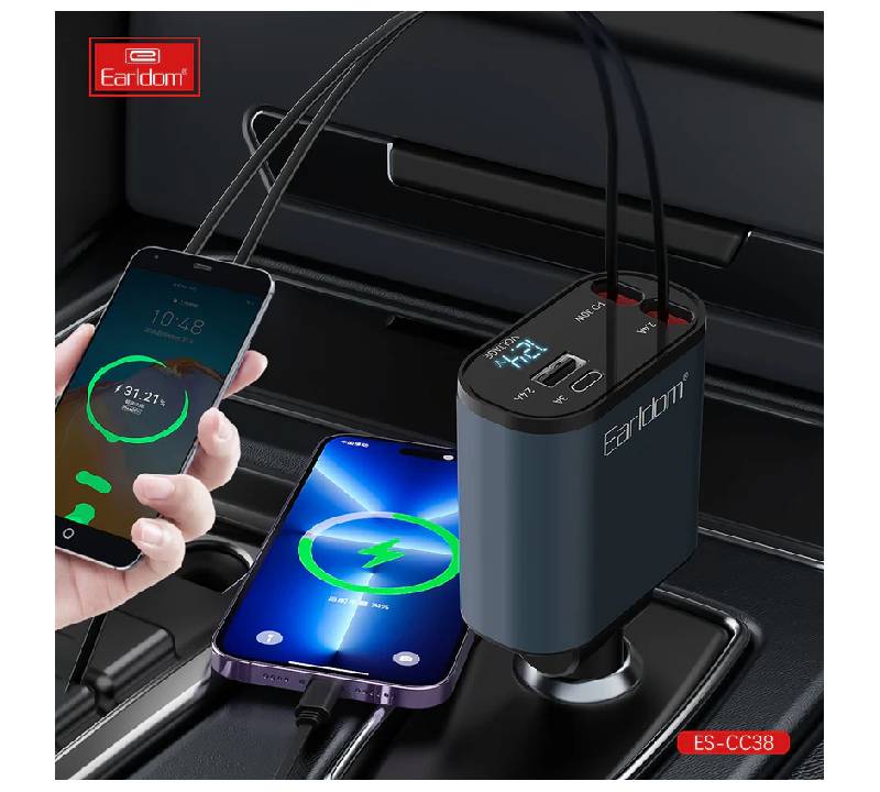 Earldom CC38 Retractable 4in1 Car Mobile phone Charger - 66W / Black