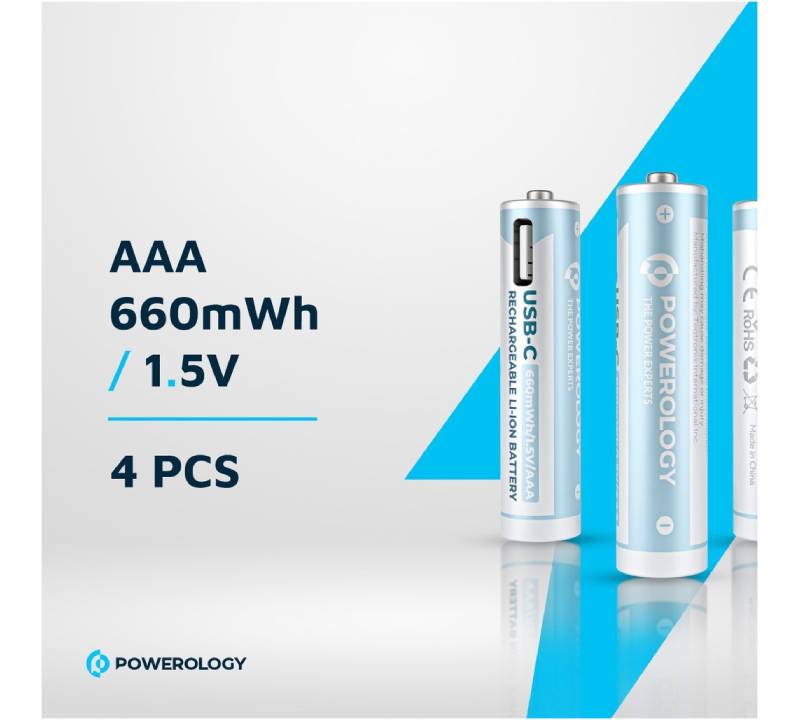 Powerology Type-C Rechargeable AA Battery - 1460mAh / Pack Of 4