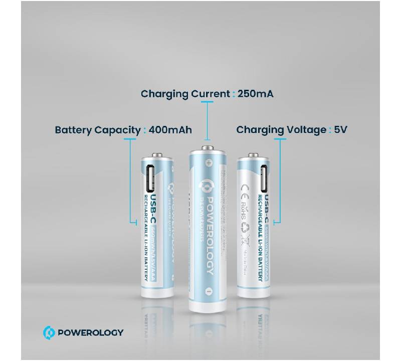 Powerology Type-C Rechargeable AA Battery - 1460mAh / Pack Of 4