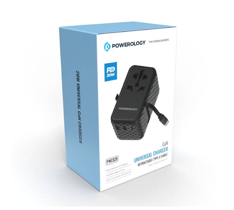 Powerology GaN Universal Charger Retractable Type-C Cable - 20W / Black