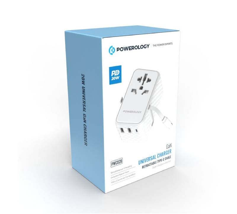 Powerology GaN Universal Charger Retractable Type-C Cable - 20W / White