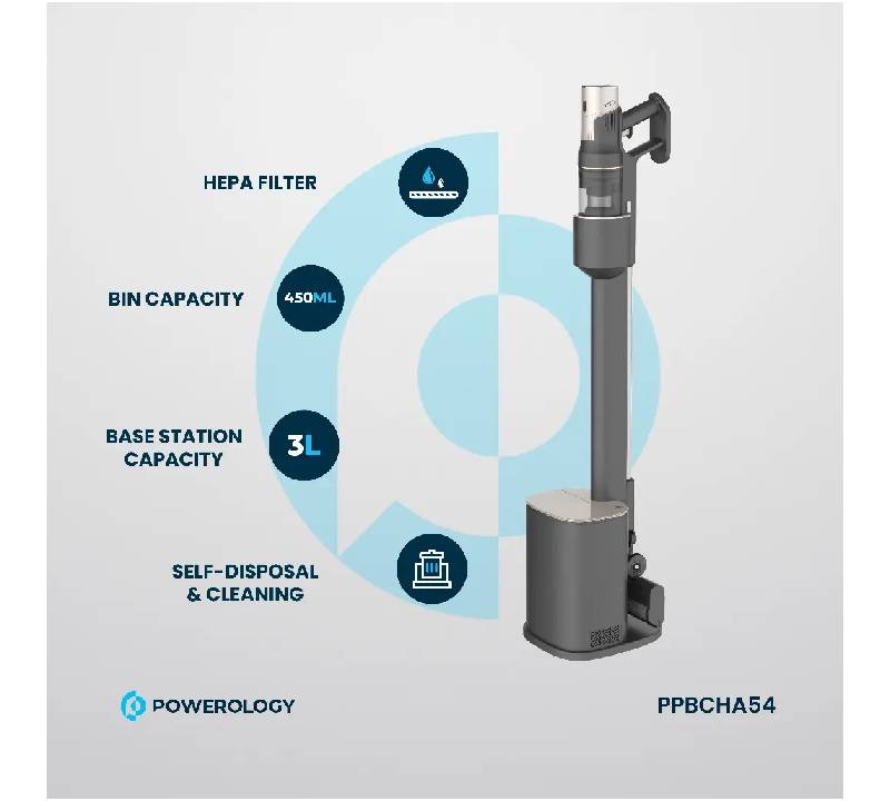 Powerology Cordless Vacuum Auto-Disposal Charging - Black