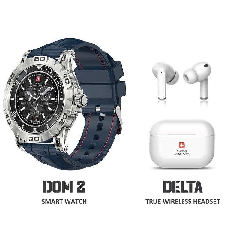 Swiss Military Dom 2 Smart Watch - Silver Frame Blue Silicon Strap with Swiss Military Delta Earbud - White