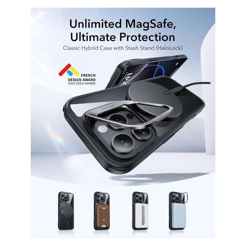 ESR Classic Hybrid Case with Stash Stand (HaloLock) Apple iPhone 16 Pro / Clear/Black Accessories > Mobiles & Tablets >