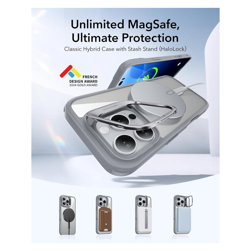 ESR Classic Hybrid Case with Stash Stand (HaloLock) Apple iPhone 16 Pro / Clear Gray Accessories > Mobiles & Tablets >