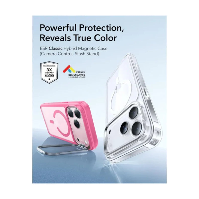 هالو لوك كلاسيك هايبرد حافظة مع  حامل  زر التحكمكاميرا زر تحكمكاميرا ) حافظة لـايفون 17 برو - متجمد اللون الوردي
