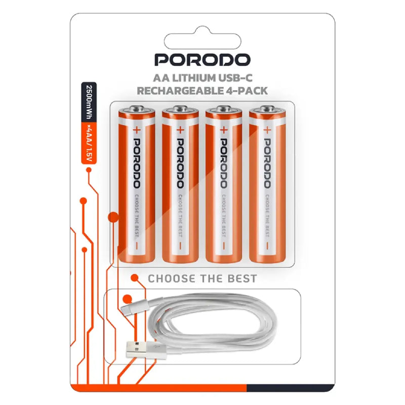 Porodo AA Lithium يو اس بي قابلة لاعادة الشحن بطارية  2500mWh /برتقالي  حزمة من 4