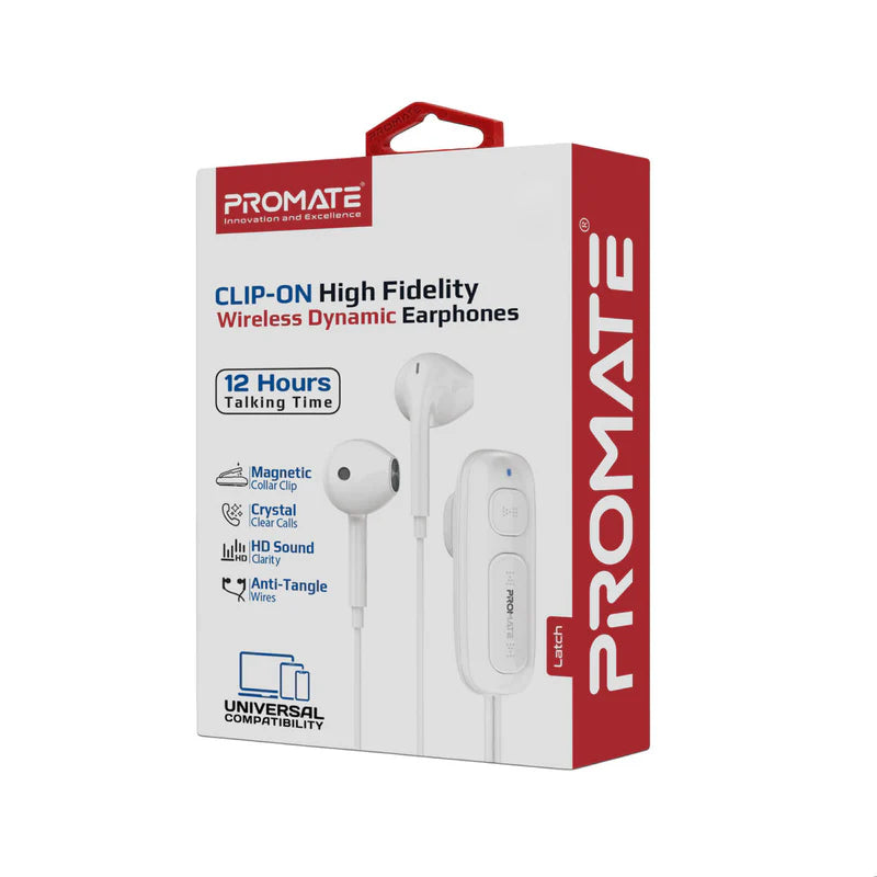 PROMATE Latch Clip-On High Fidelity - سماعة لاسلكي ديناميكي  توضعحول الرقبة  بلوتوث  90 مللي أمبير / أبيض