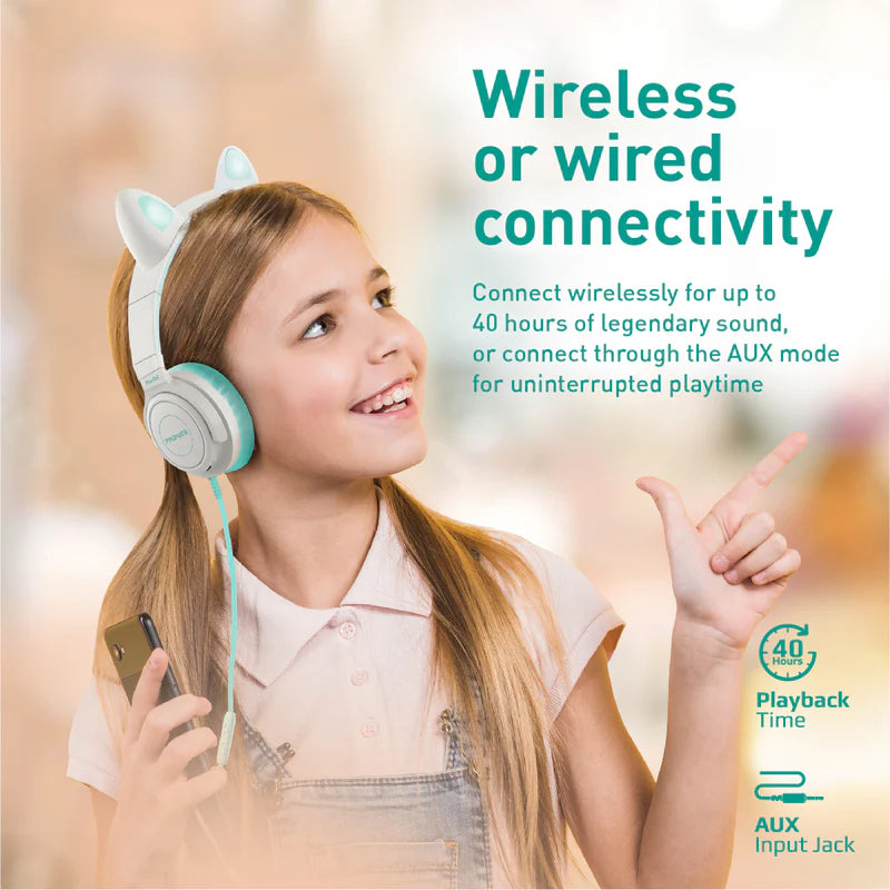 PROMATE Panda Kawaii Style Wireless Kids Headphones - 1000mAh / Aqua