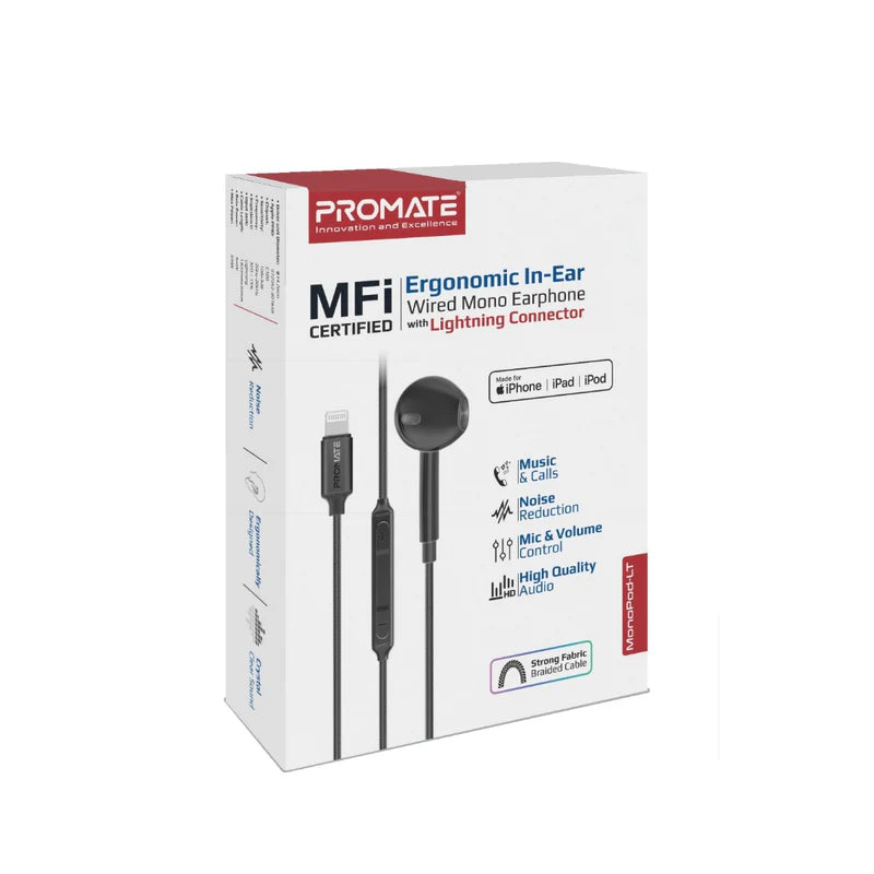 أحادية اللون  داخل الاذن أحادية اللون PROMATE MonoPod-LTبسلك  - لايتننج  أسود