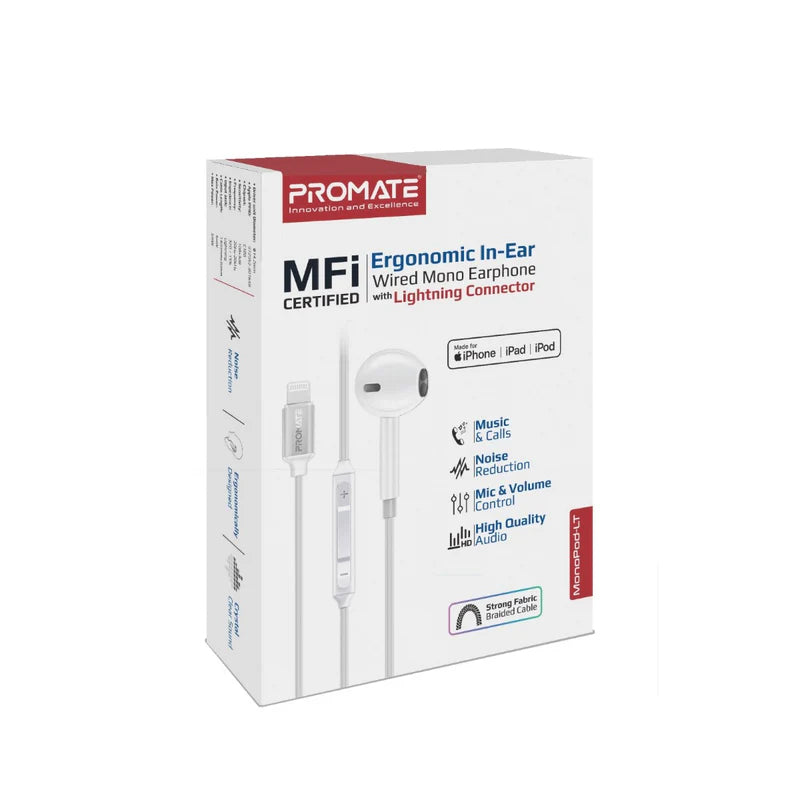 أحادية اللون  داخل الاذن أحادية اللون PROMATE MonoPod-LTبسلك  - لايتننج  أبيض