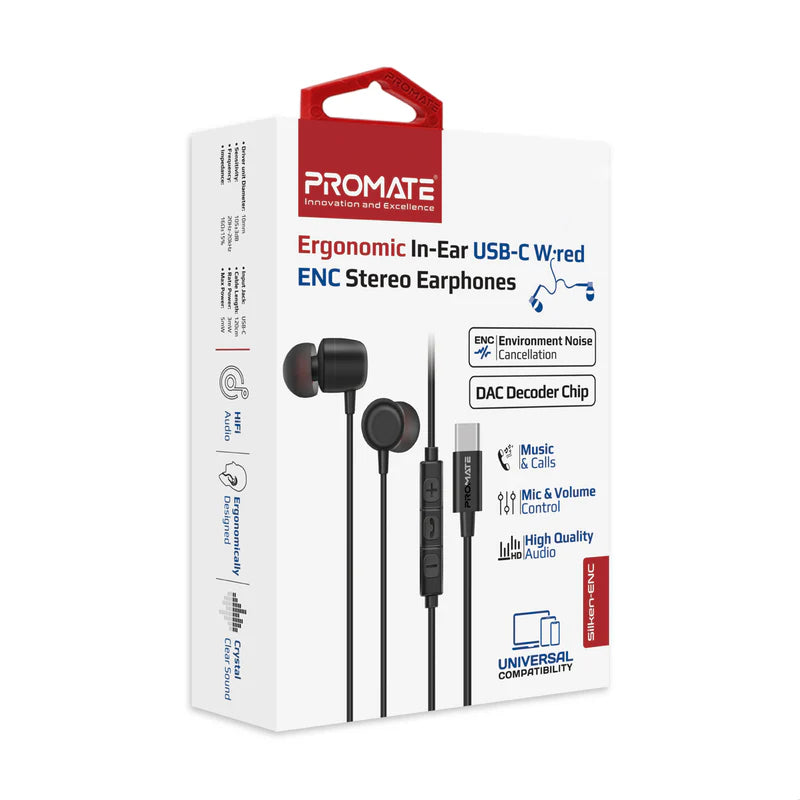 ستيريو  داخل الاذن  PROMATE Silken-ENCبسلك  ستيريو - يو اس بي/ 1.2 متر  أسود