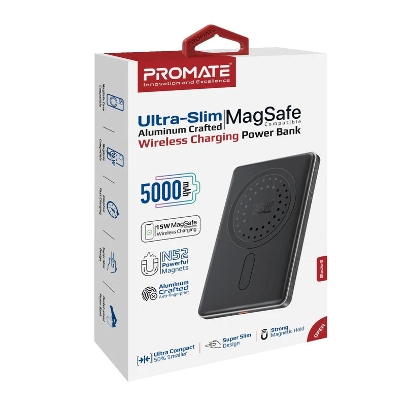 PROMATE Blade-5نحيف ماج سيف متوافق لاسلكي  طاقة - يو اس بي/ أسود