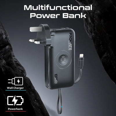 PROMATE PowerPack-10i Ultra-compact Power Bank With Built-In Lightning Cable - 20W / USB-C / USB-A / Black