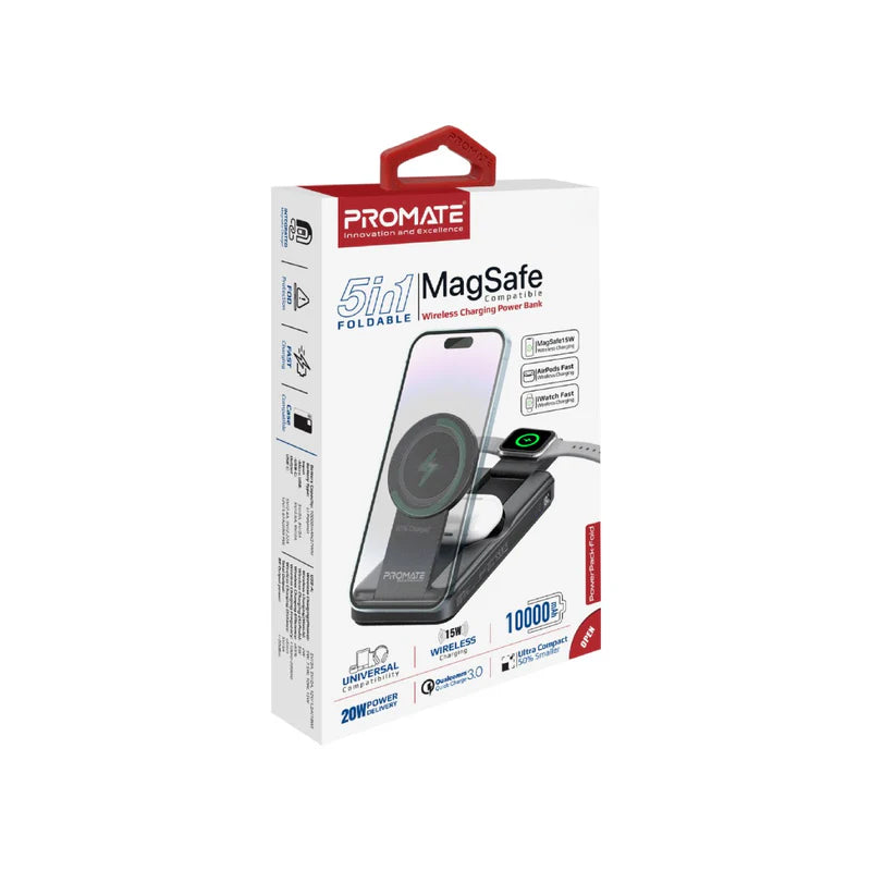 PROMATEفولد قابل للطي ماج سيف متوافق لاسلكي طاقة - 20W / يو اس بي/ يو اس بي/ أسود