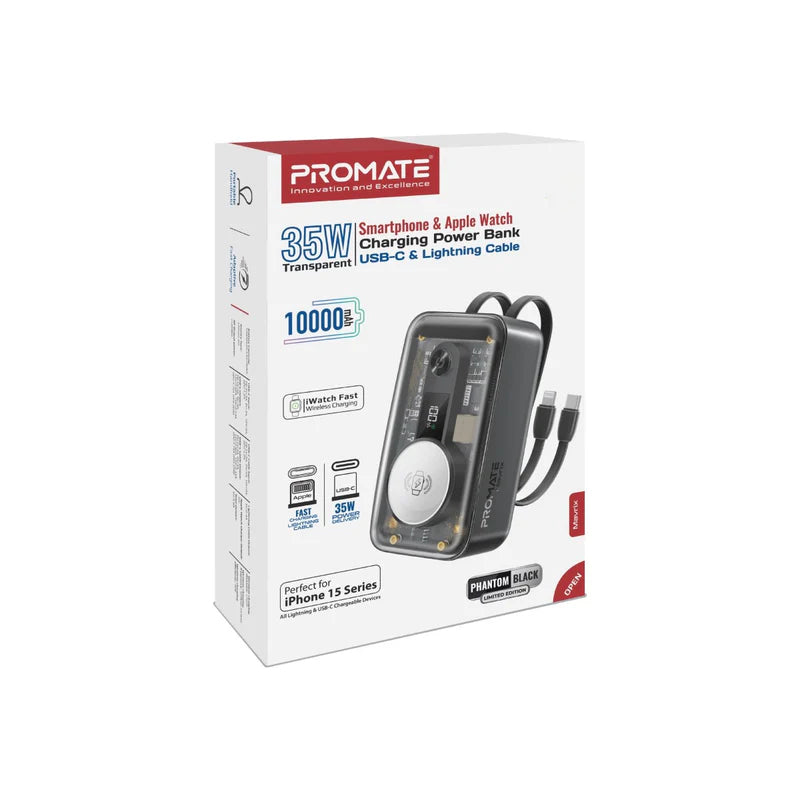 PROMATE Mavrix طاقة  مع بلت-ان يو اس بي& لايتننج كابل  35W / 10000mAh / Phantom أسود