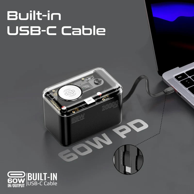 PROMATE Mavrix-20 - طاقة الجهاز  مع كابل بلت-ان يو اس بي لايتننج كابل  65 واط / 20,000 مللي أمبير في الساعة / أسود