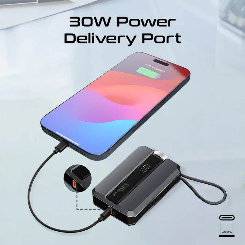 PROMATE Neo-10 طاقة  مع  كابل يو اس بيبلت-ان  كابل  30 واط / 10,000 مللي أمبير / رمادي