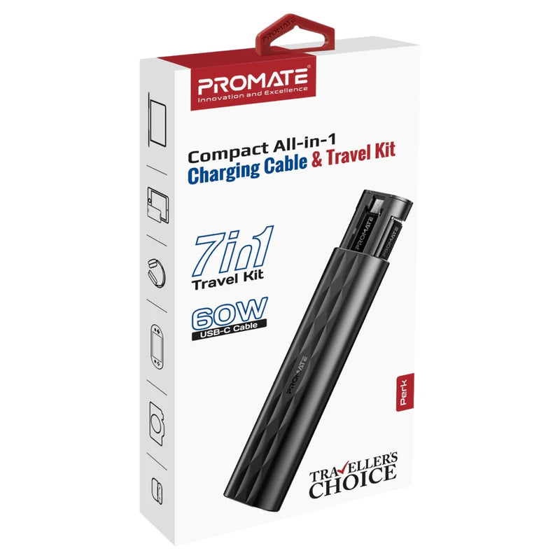PROMATE PERK كابل شحنكل ومجموعة أدوات السفر - 60 واط / أسود
