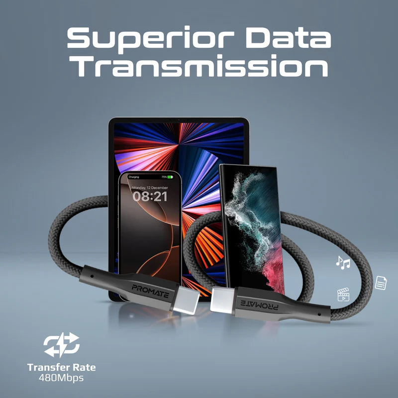 PROMATE XCord-CC200 كابل  بيانات  عالي القوة كابل  2 متر  480 ميجابت في الثانية / يو اس بي/ أسود