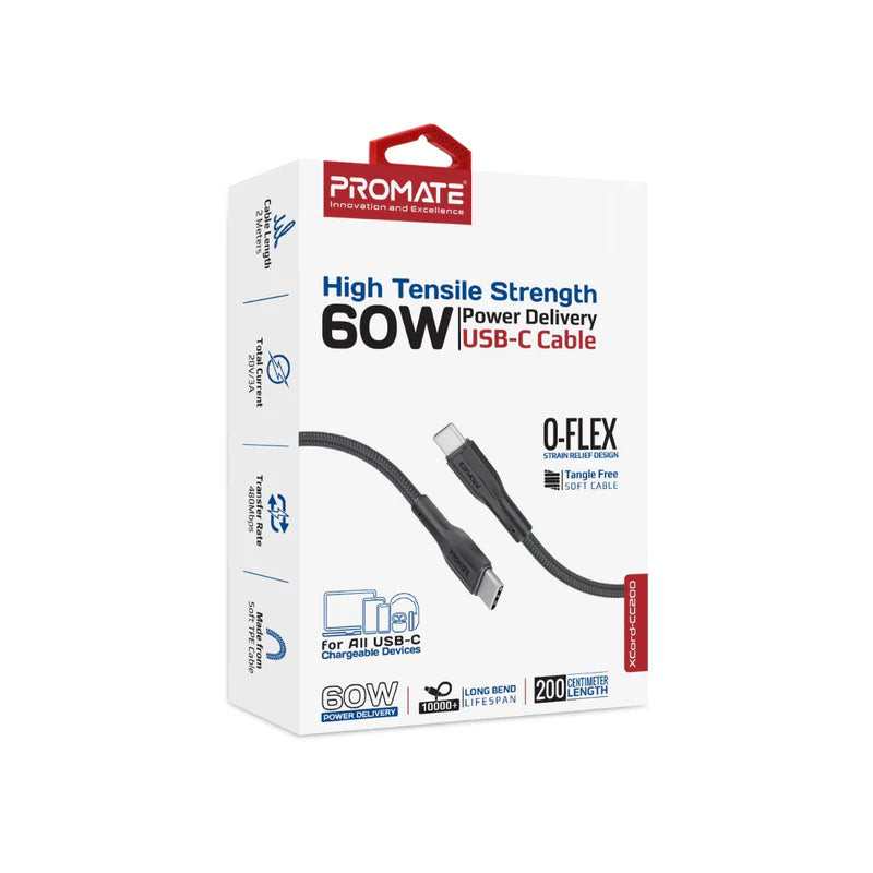 PROMATE XCord-CC200 كابل  بيانات  عالي القوة كابل  2 متر  480 ميجابت في الثانية / يو اس بي/ أسود