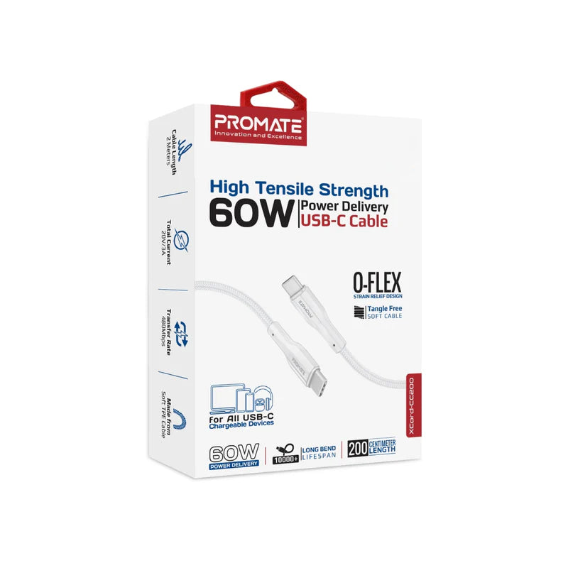 كابل  PROMATE XCord-CC200 عالي القوة الشد بيانات  والشحن كابل  2 متر  480 ميجابت في الثانية / يو اس بي/ أبيض