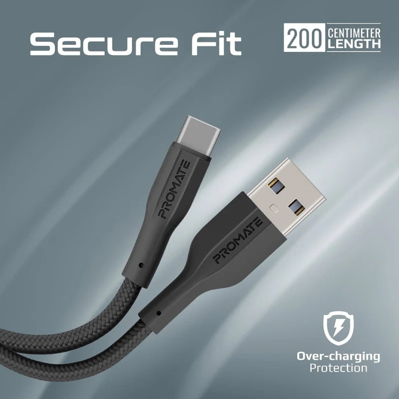 كابل  PROMATE xCord-AC200 فائق مرن بيانات والشحن كابل  2 متر  480 ميجابت في الثانية / يو اس بي/ يو اس بي/ أسود